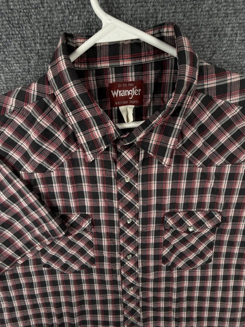 VTG Wrangler Western Shirt 2X Big Man Red Black Plaid Short Sleeve Pearl Snap